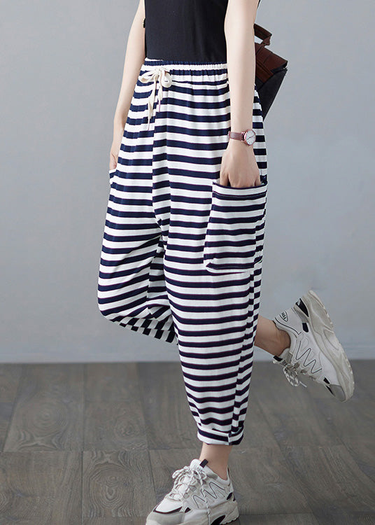 Classy Striped Embroideried Drawstring Elastic Waist Draping Crop Pants Summer Ly0664