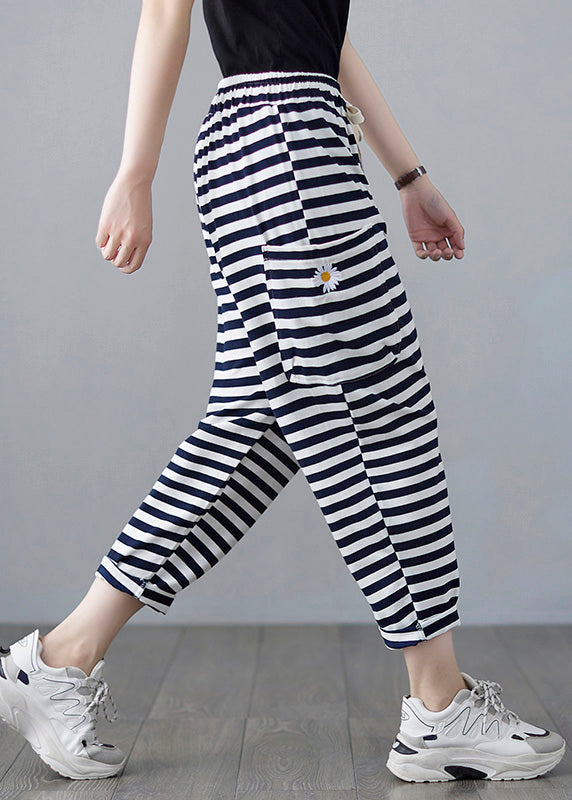 Classy Striped Embroideried Drawstring Elastic Waist Draping Crop Pants Summer Ly0664