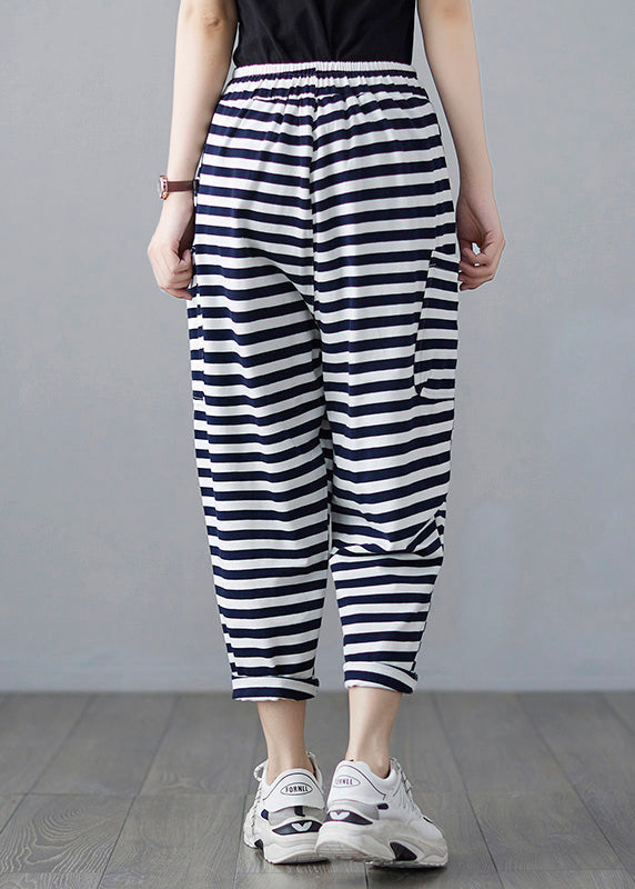Classy Striped Embroideried Drawstring Elastic Waist Draping Crop Pants Summer Ly0664