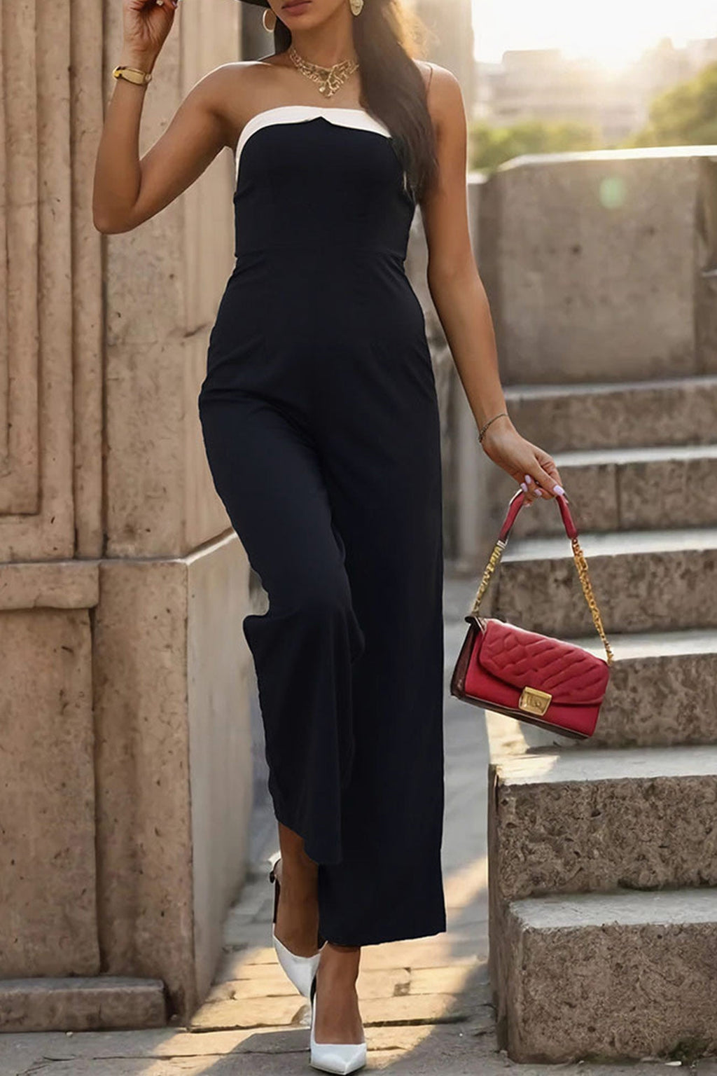 Contrast Strapless High Waist Jumpsuits