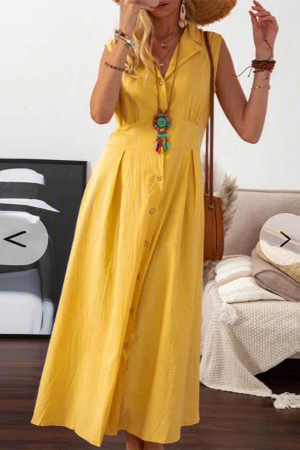 Lapel Button Down Sleeveless Midi Dress