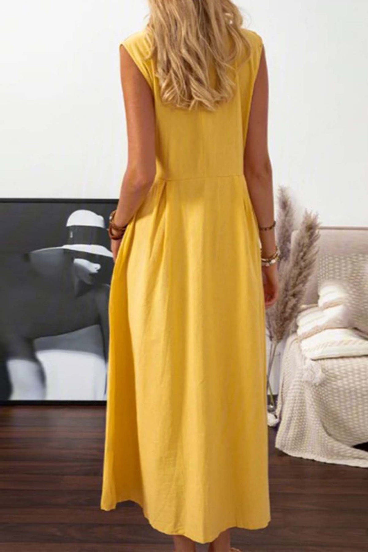Lapel Button Down Sleeveless Midi Dress
