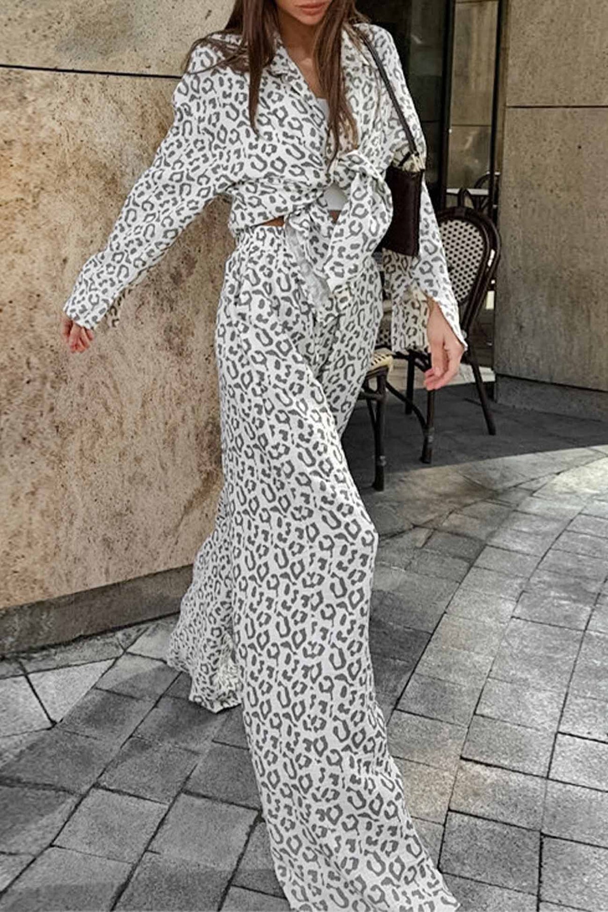 Cotton Leopard Shirt Long Pants Two-piece Set