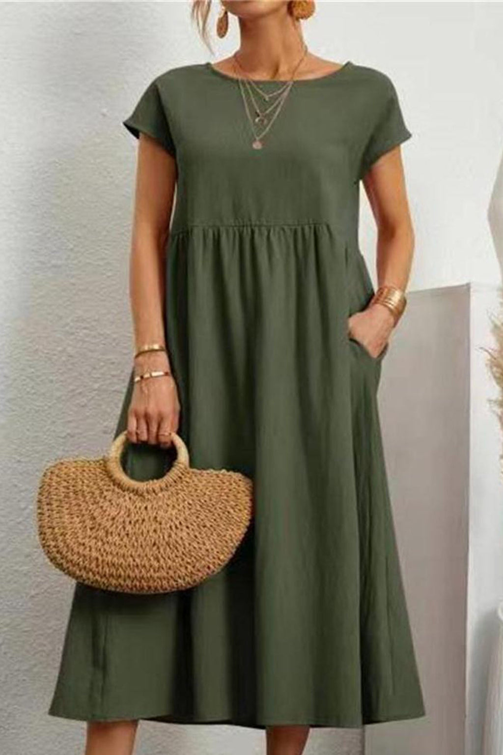 Cotton Linen Short Sleeve Midi Dress