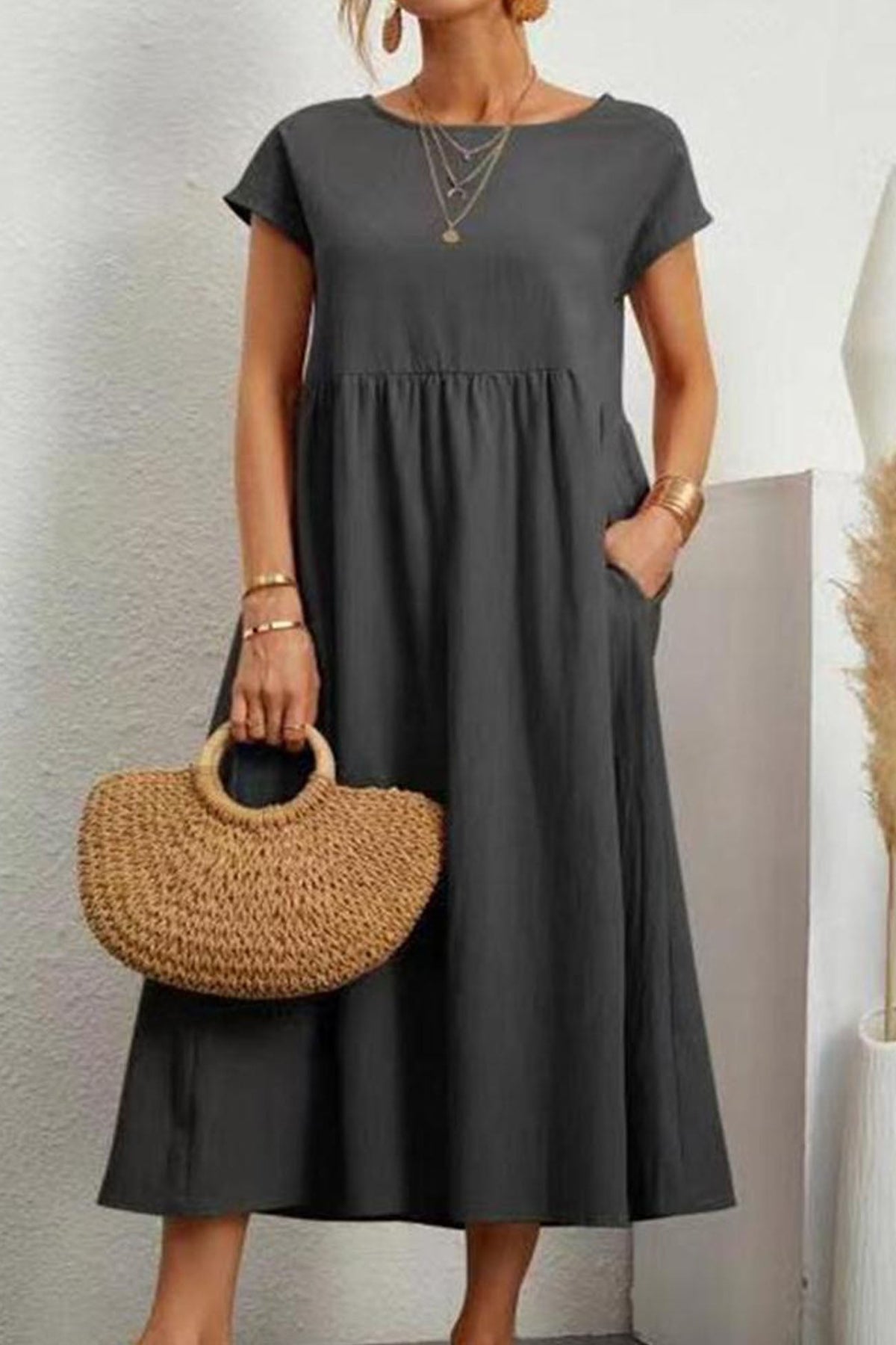 Cotton Linen Short Sleeve Midi Dress