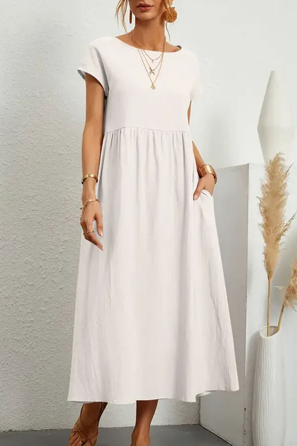 Cotton Linen Short Sleeve Midi Dress