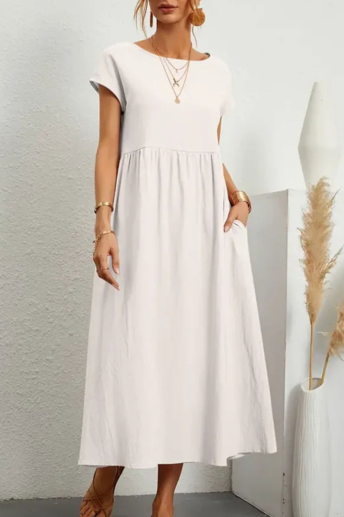 Cotton Linen Short Sleeve Midi Dress