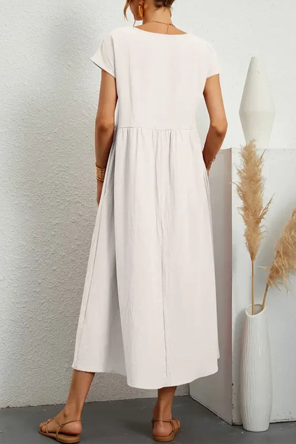 Cotton Linen Short Sleeve Midi Dress