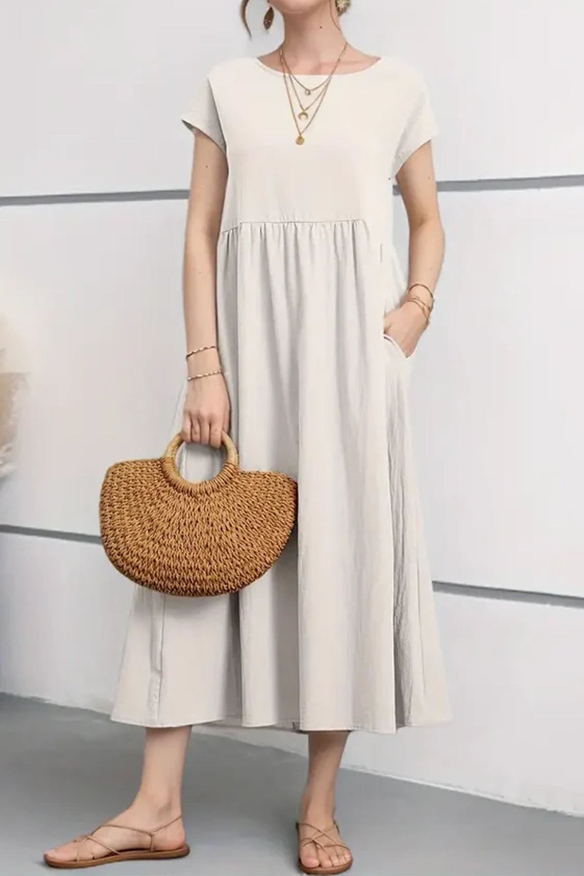 Cotton Linen Short Sleeve Midi Dress
