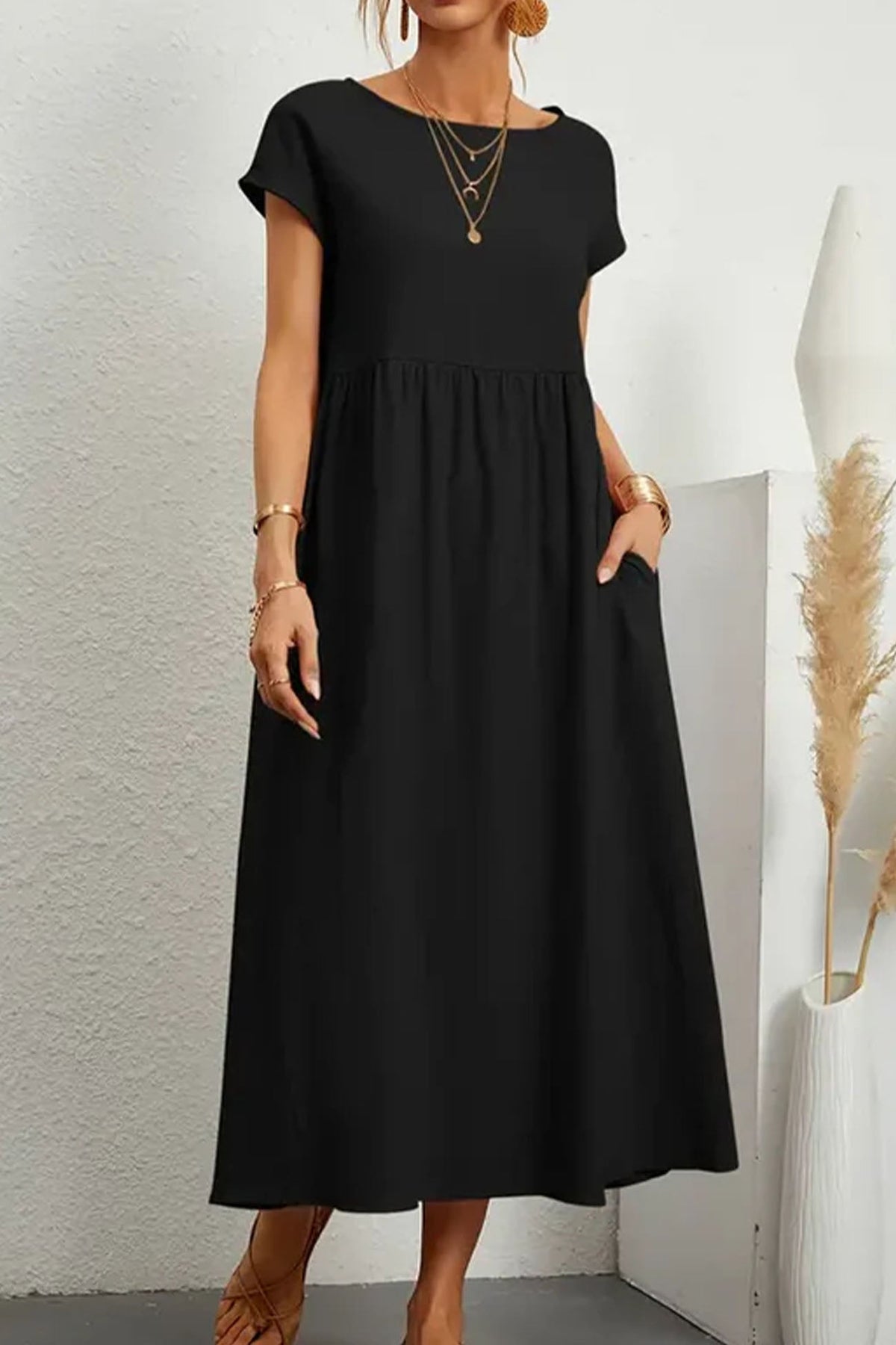 Cotton Linen Short Sleeve Midi Dress