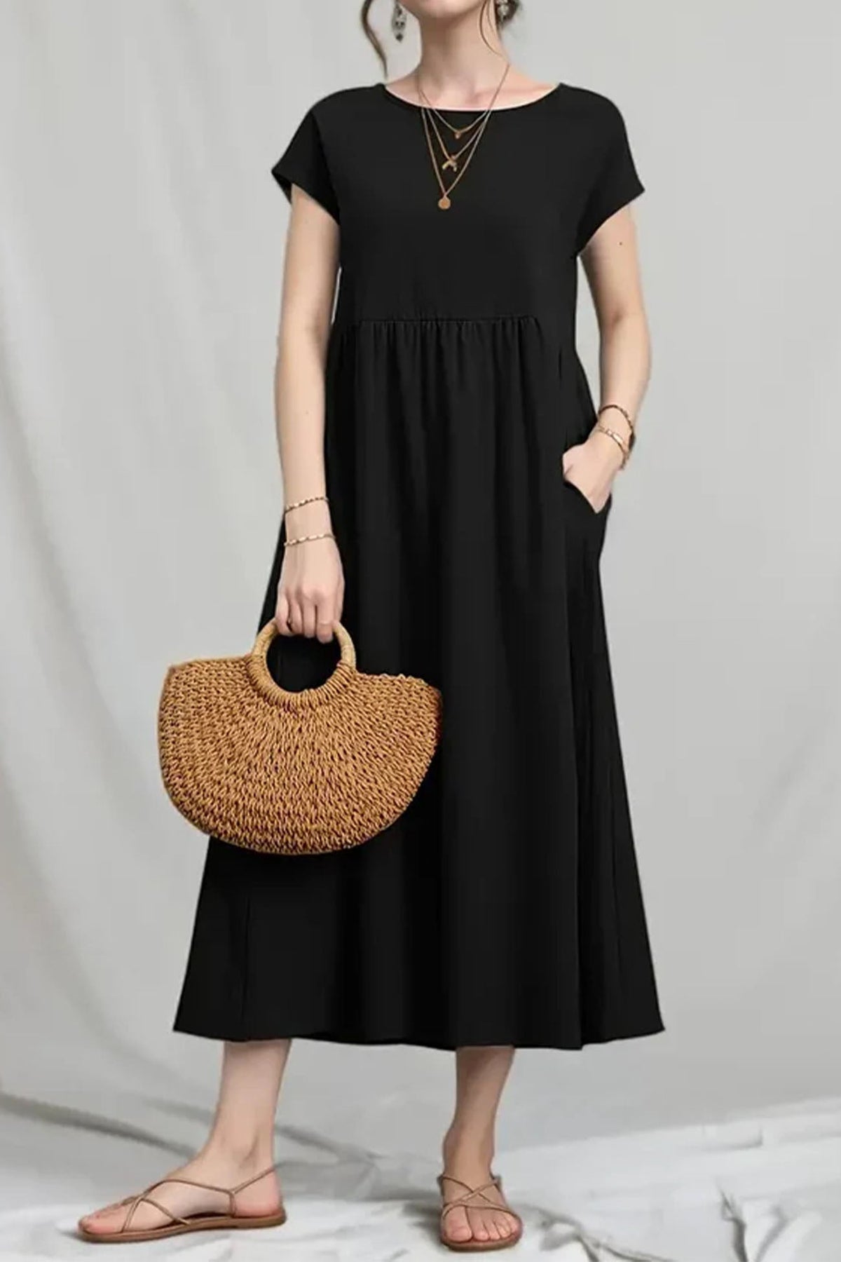 Cotton Linen Short Sleeve Midi Dress
