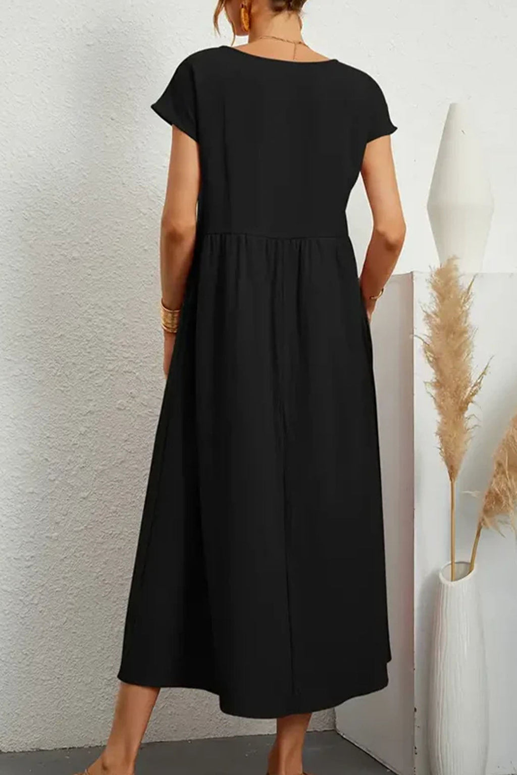 Cotton Linen Short Sleeve Midi Dress
