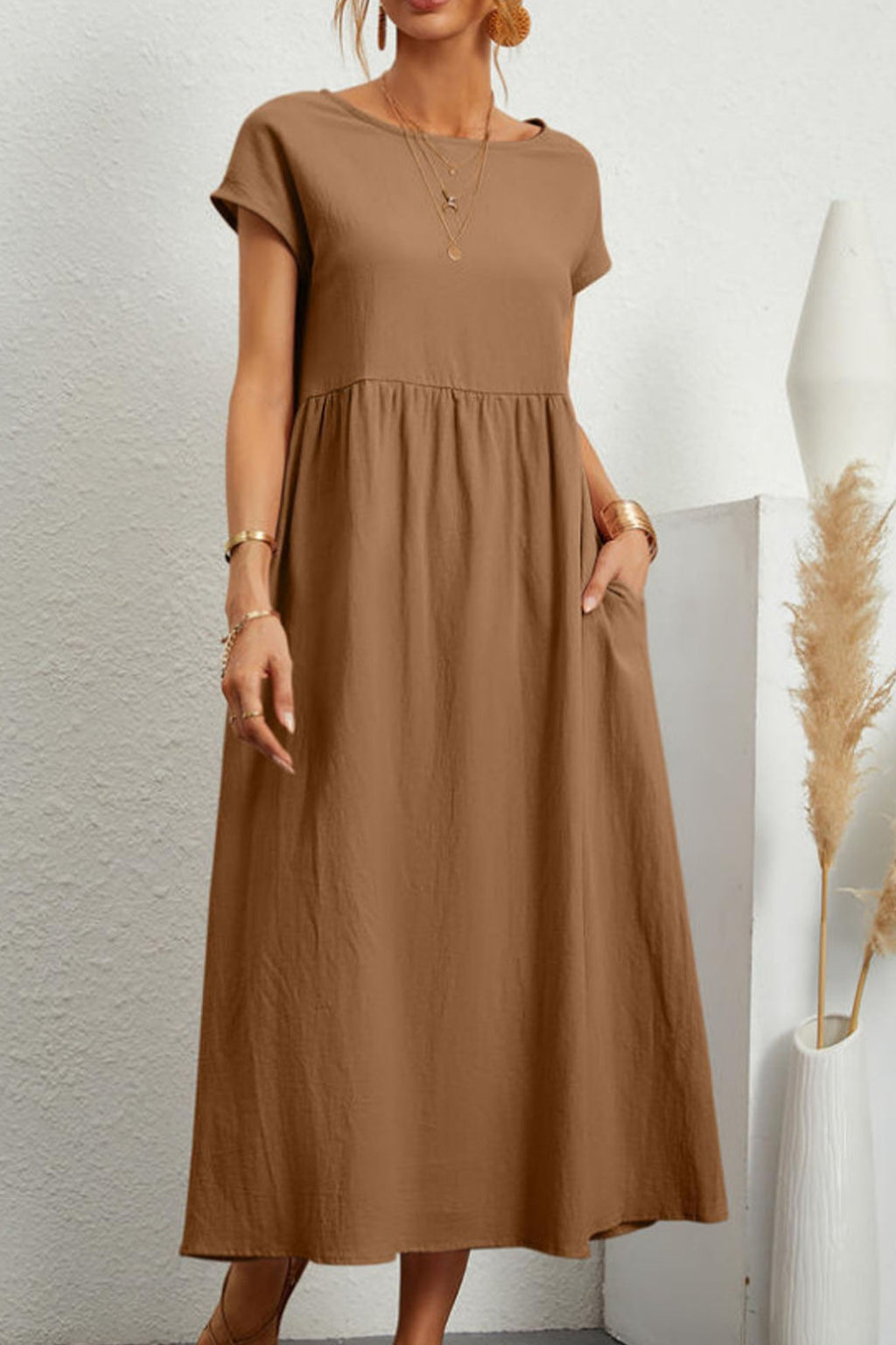 Cotton Linen Short Sleeve Midi Dress