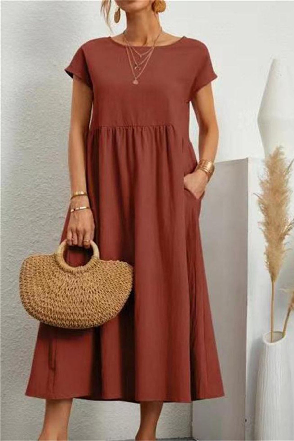 Cotton Linen Short Sleeve Midi Dress