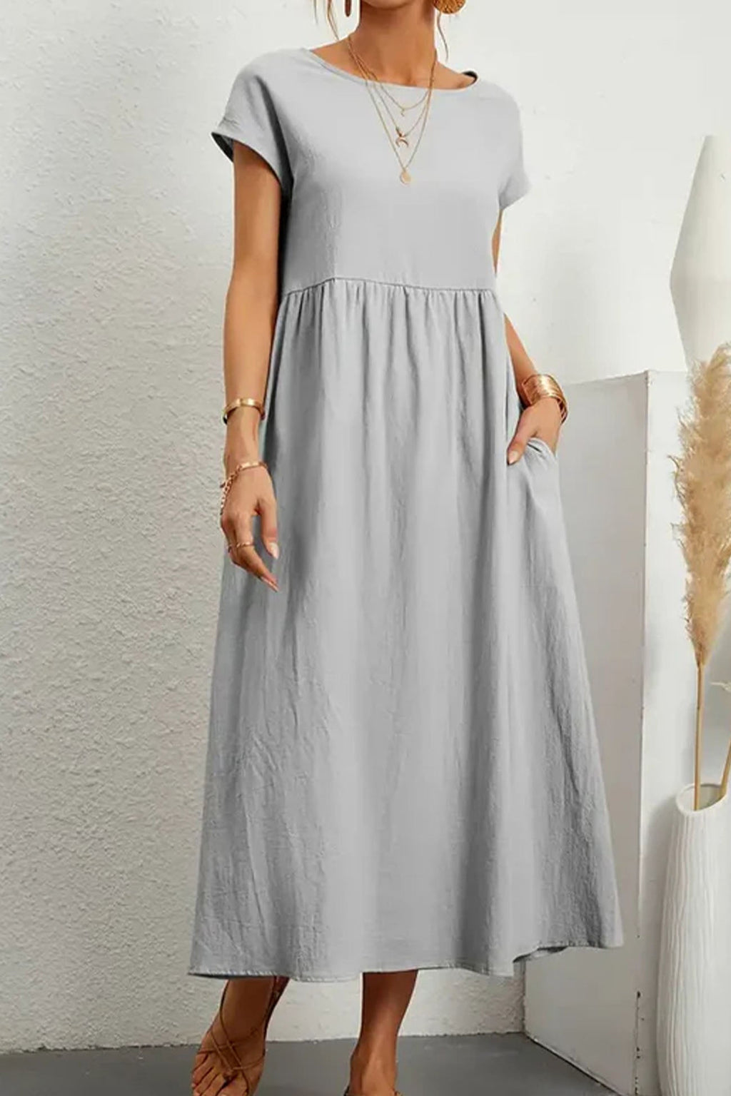 Cotton Linen Short Sleeve Midi Dress