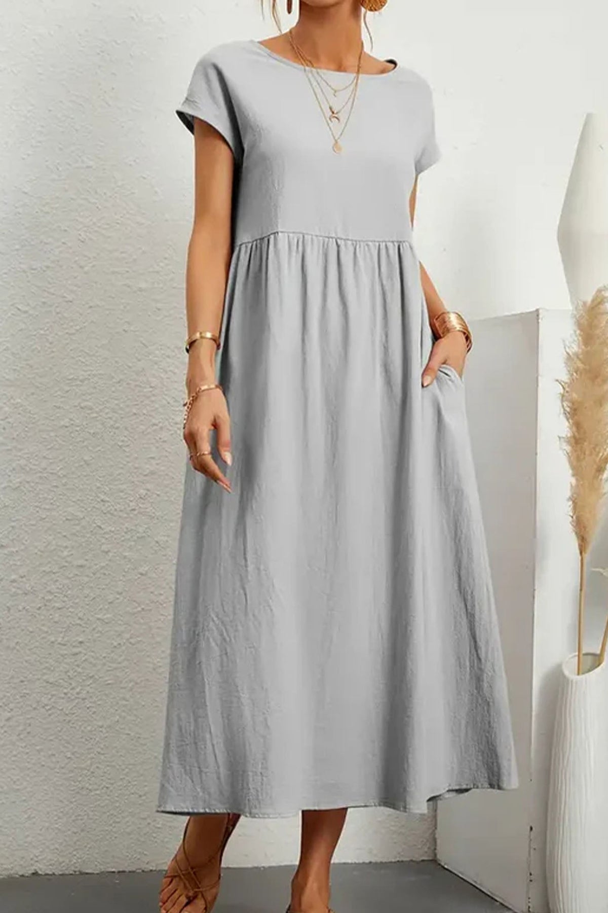 Cotton Linen Short Sleeve Midi Dress