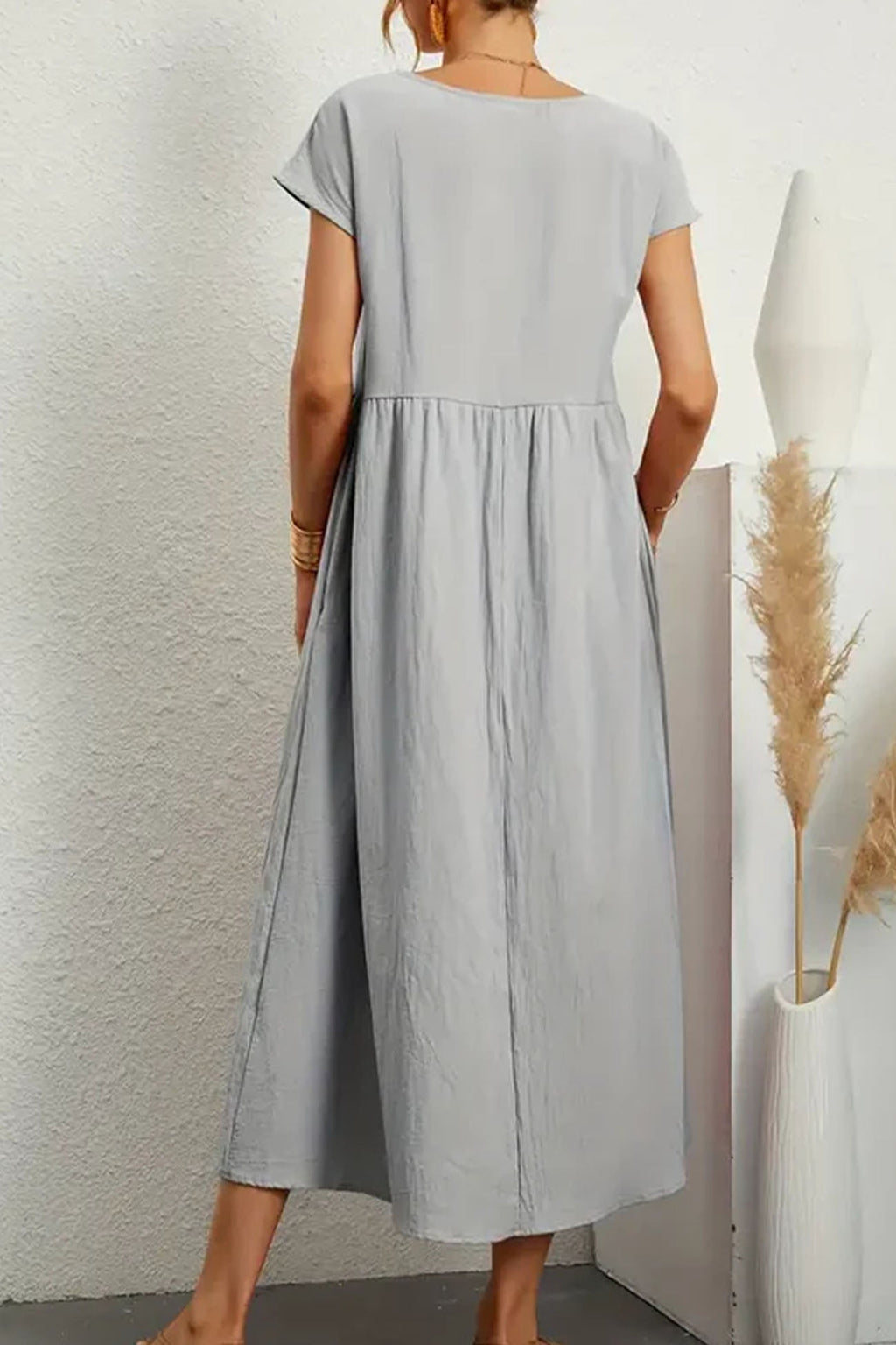 Cotton Linen Short Sleeve Midi Dress