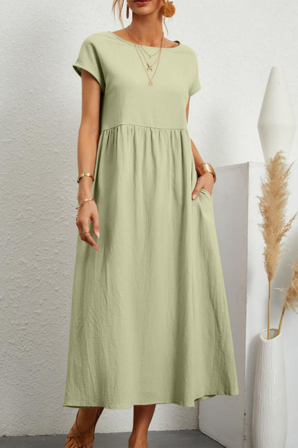 Cotton Linen Short Sleeve Midi Dress