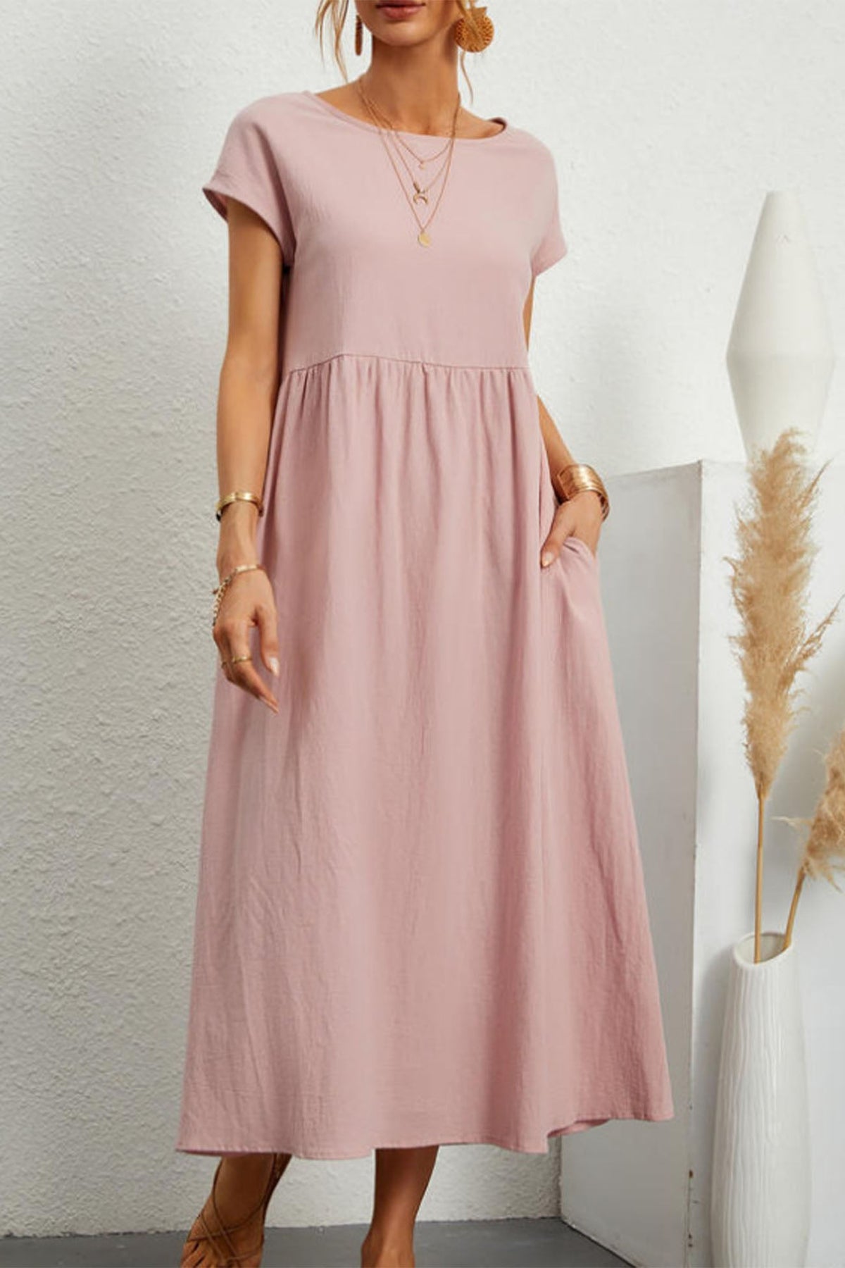 Cotton Linen Short Sleeve Midi Dress