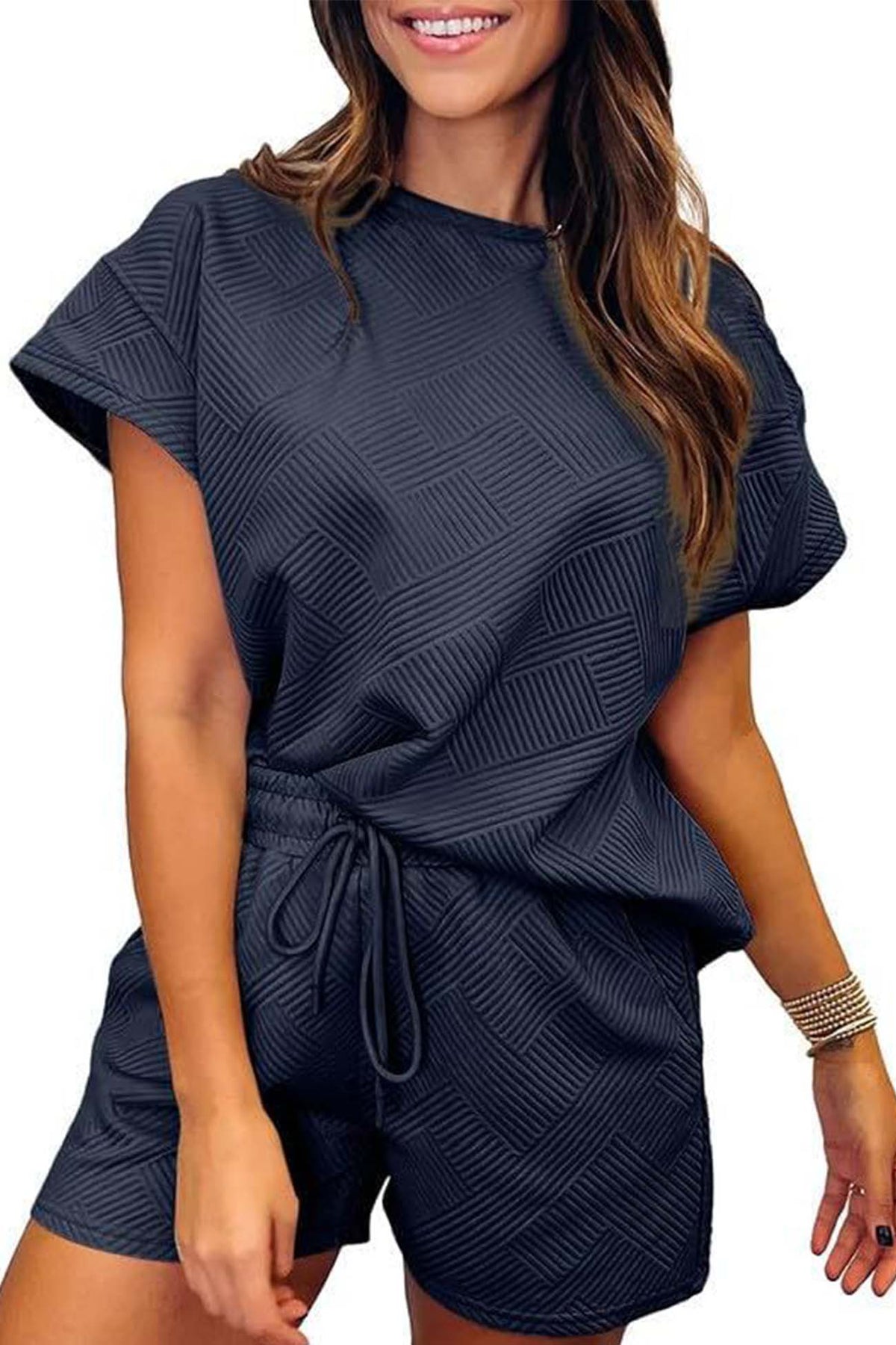 Crew Neck Textured Shorts Two-piece Set