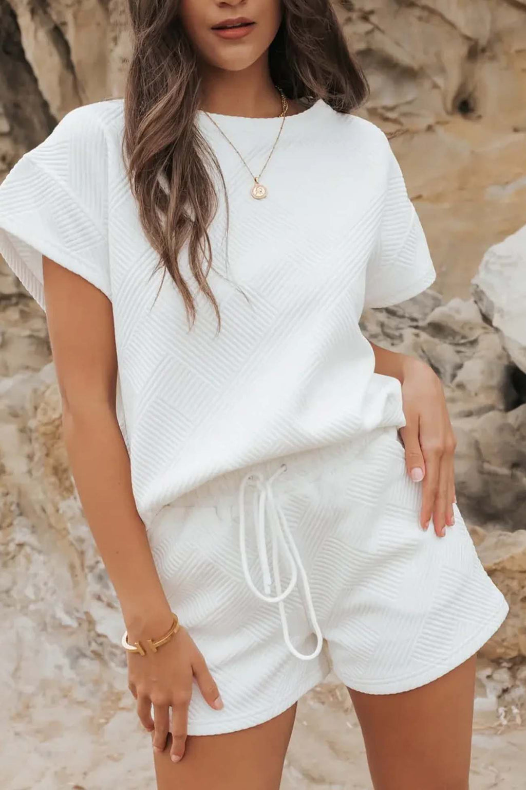 Crew Neck Textured Shorts Two-piece Set