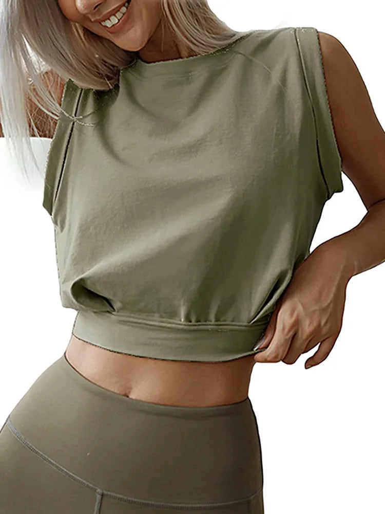 Crop Top Cotton Shirts for Sleeveless Yoga Tops Running Gym Workout Shirts Fitness Loose Female T-shirt