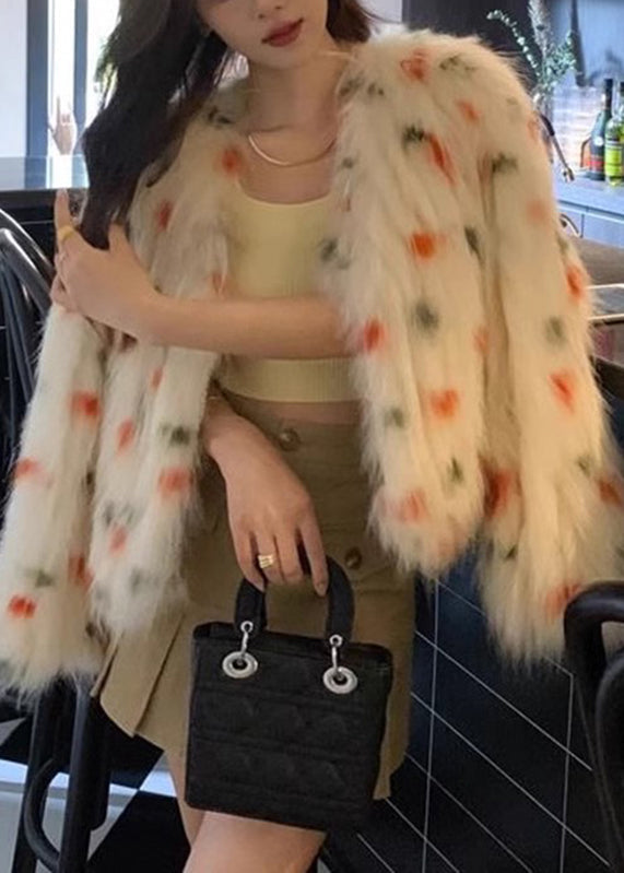 Apricot V Neck Raccoon Hair Print Leather and Fur Coats Winter Rd010