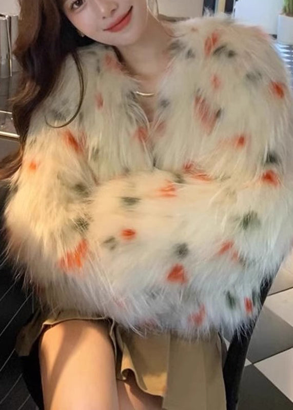 Apricot V Neck Raccoon Hair Print Leather and Fur Coats Winter Rd010