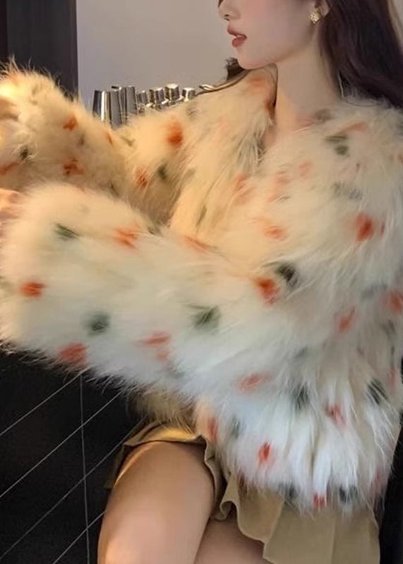 Apricot V Neck Raccoon Hair Print Leather and Fur Coats Winter Rd010