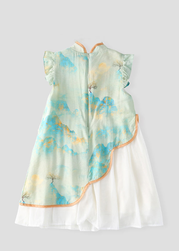 Green Stand Collar Chiffon Patchwork Kids Chiffon Maxi Dress Short Sleeve Mn001