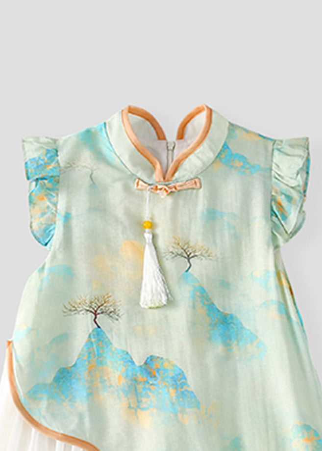 Green Stand Collar Chiffon Patchwork Kids Chiffon Maxi Dress Short Sleeve Mn001