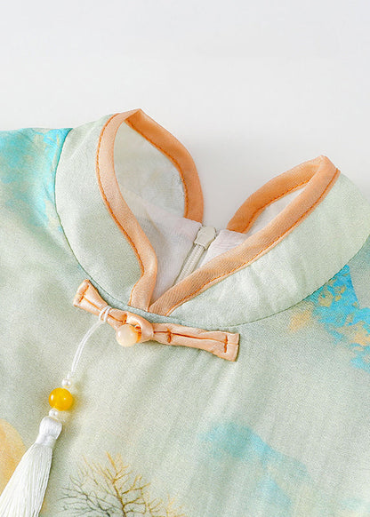 Green Stand Collar Chiffon Patchwork Kids Chiffon Maxi Dress Short Sleeve Mn001