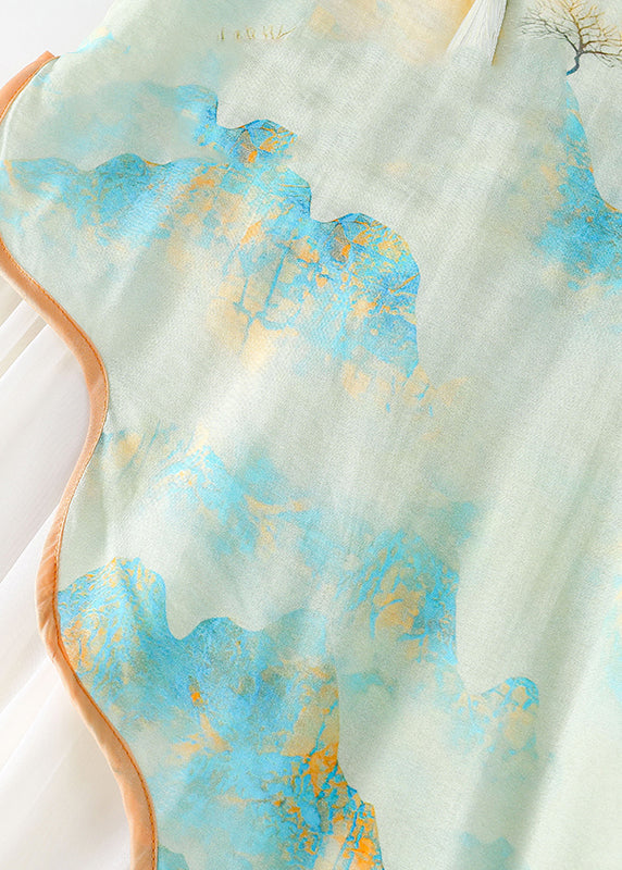 Green Stand Collar Chiffon Patchwork Kids Chiffon Maxi Dress Short Sleeve Mn001