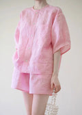 Pink O-neck Button Shirts and Shorts Two Pieces Set Summer Qb020