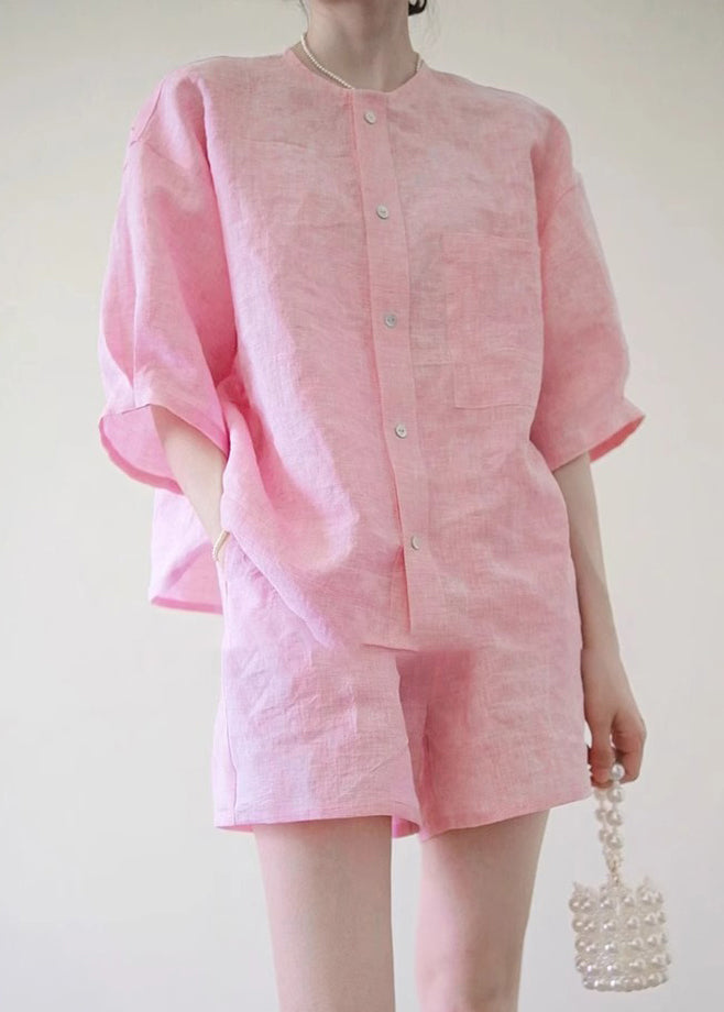Pink O-neck Button Shirts and Shorts Two Pieces Set Summer Qb020