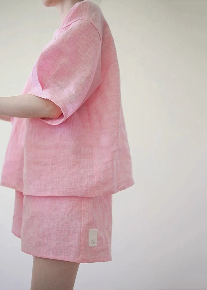 Pink O-neck Button Shirts and Shorts Two Pieces Set Summer Qb020