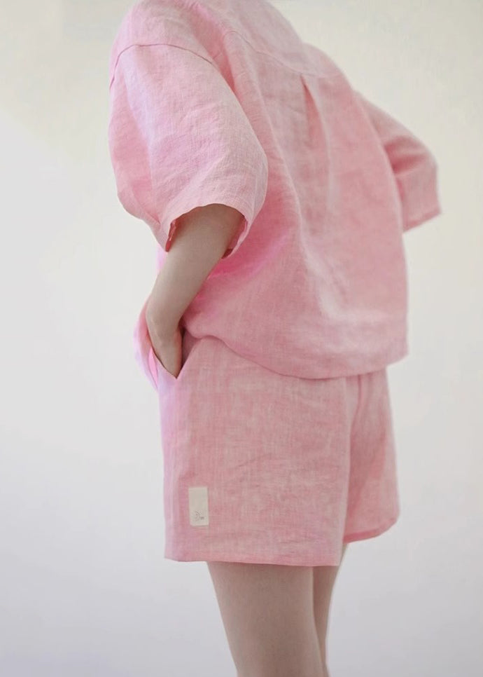 Pink O-neck Button Shirts and Shorts Two Pieces Set Summer Qb020
