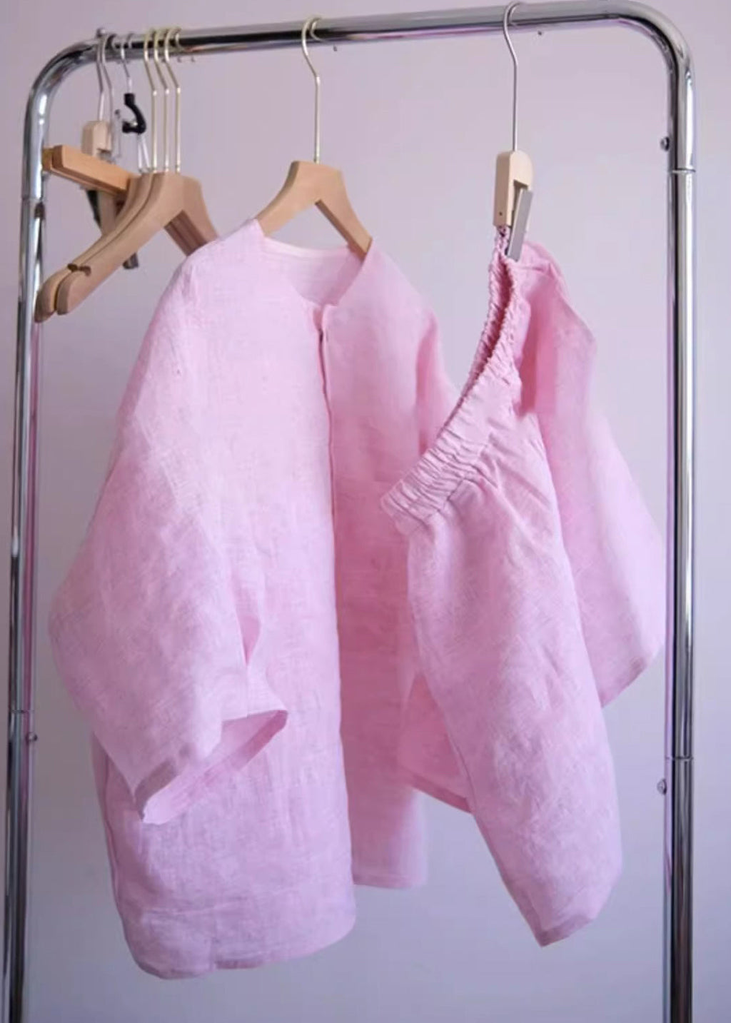 Pink O-neck Button Shirts and Shorts Two Pieces Set Summer Qb020