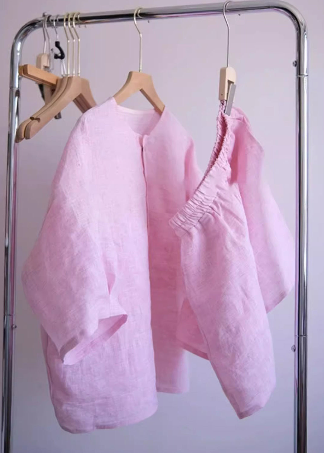 Pink O-neck Button Shirts and Shorts Two Pieces Set Summer Qb020