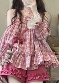 Pink Ruffled Print Patchwork Top and Shorts Two Pieces Set Summer Uu1006