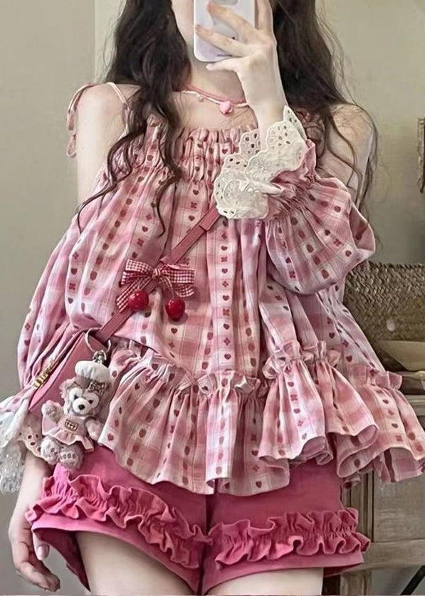 Pink Ruffled Print Patchwork Top and Shorts Two Pieces Set Summer Uu1006