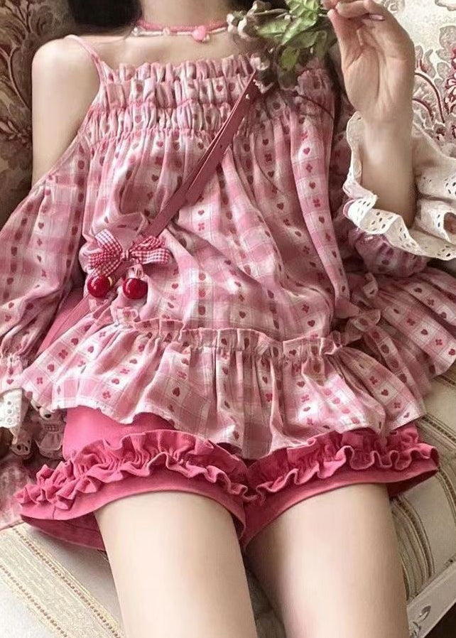 Pink Ruffled Print Patchwork Top and Shorts Two Pieces Set Summer Uu1006