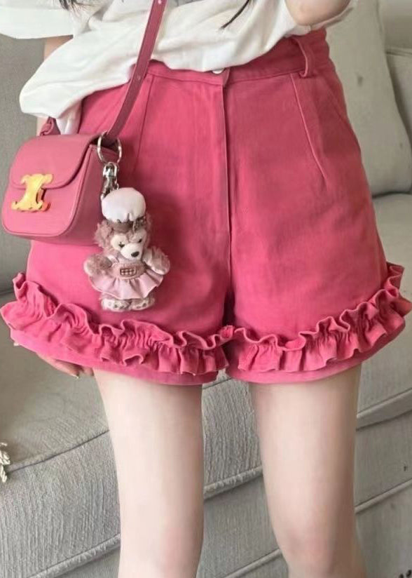 Pink Ruffled Print Patchwork Top and Shorts Two Pieces Set Summer Uu1006