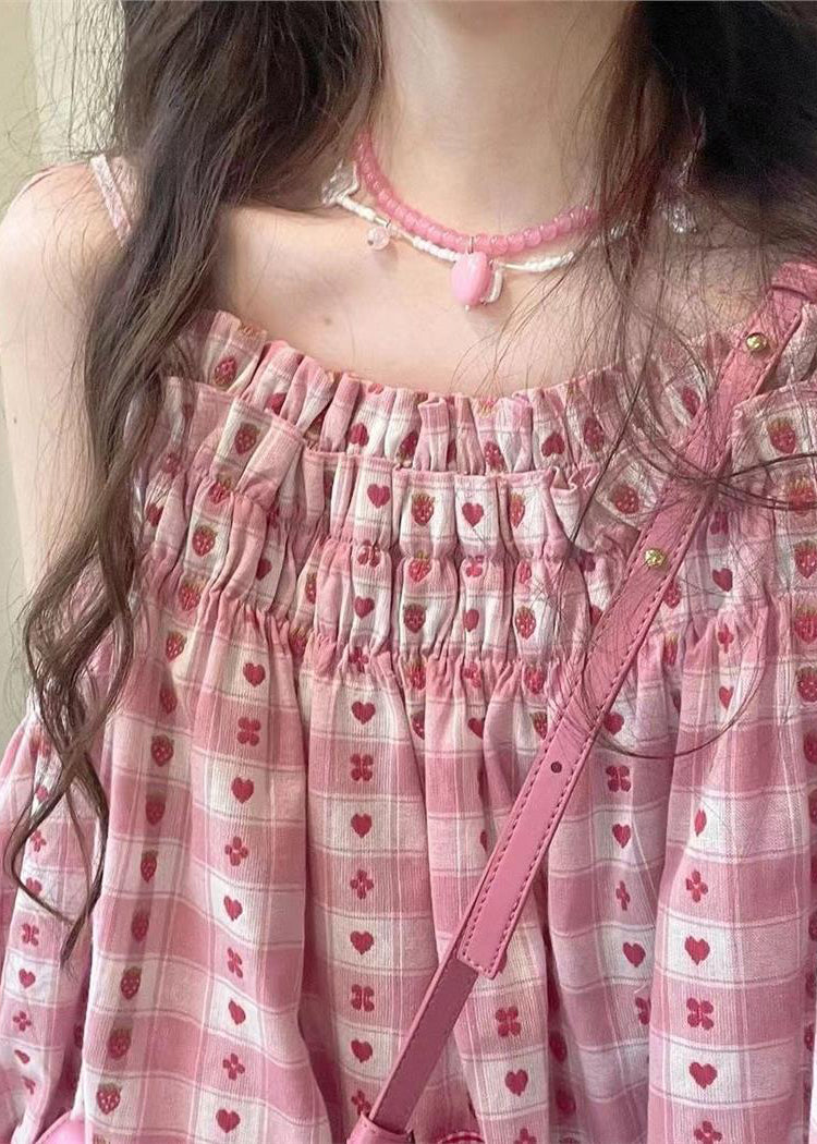 Pink Ruffled Print Patchwork Top and Shorts Two Pieces Set Summer Uu1006