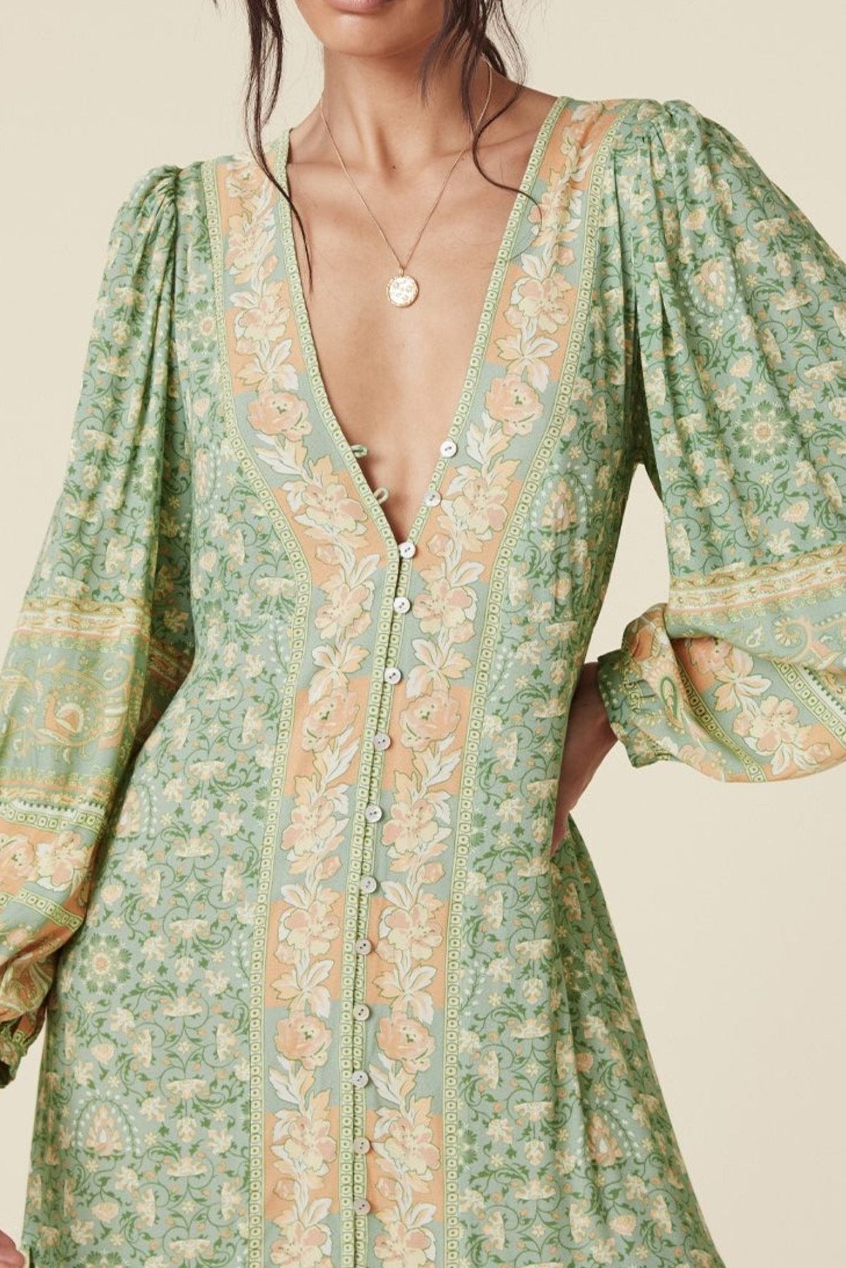 Puff Long Sleeve V-neck Drapped Midi Dress Green