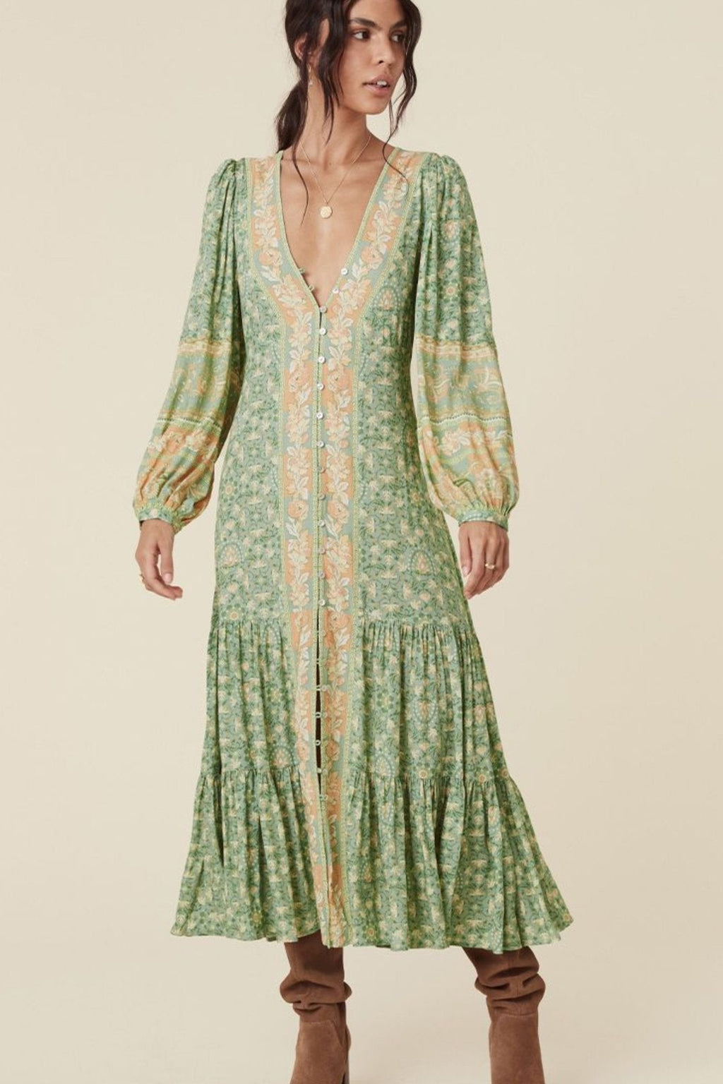 Puff Long Sleeve V-neck Drapped Midi Dress Green