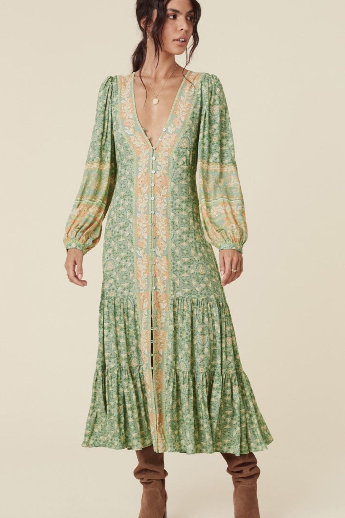 Puff Long Sleeve V-neck Drapped Midi Dress Green