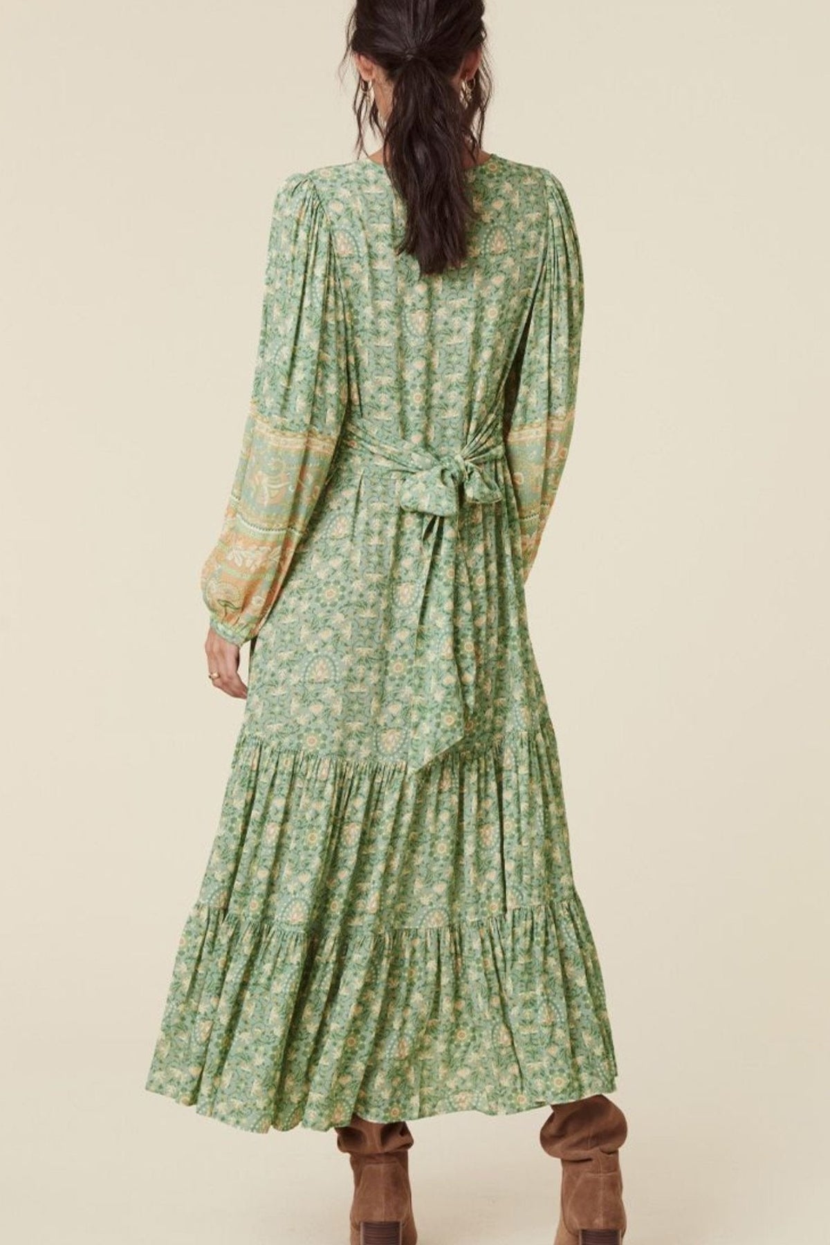 Puff Long Sleeve V-neck Drapped Midi Dress Green