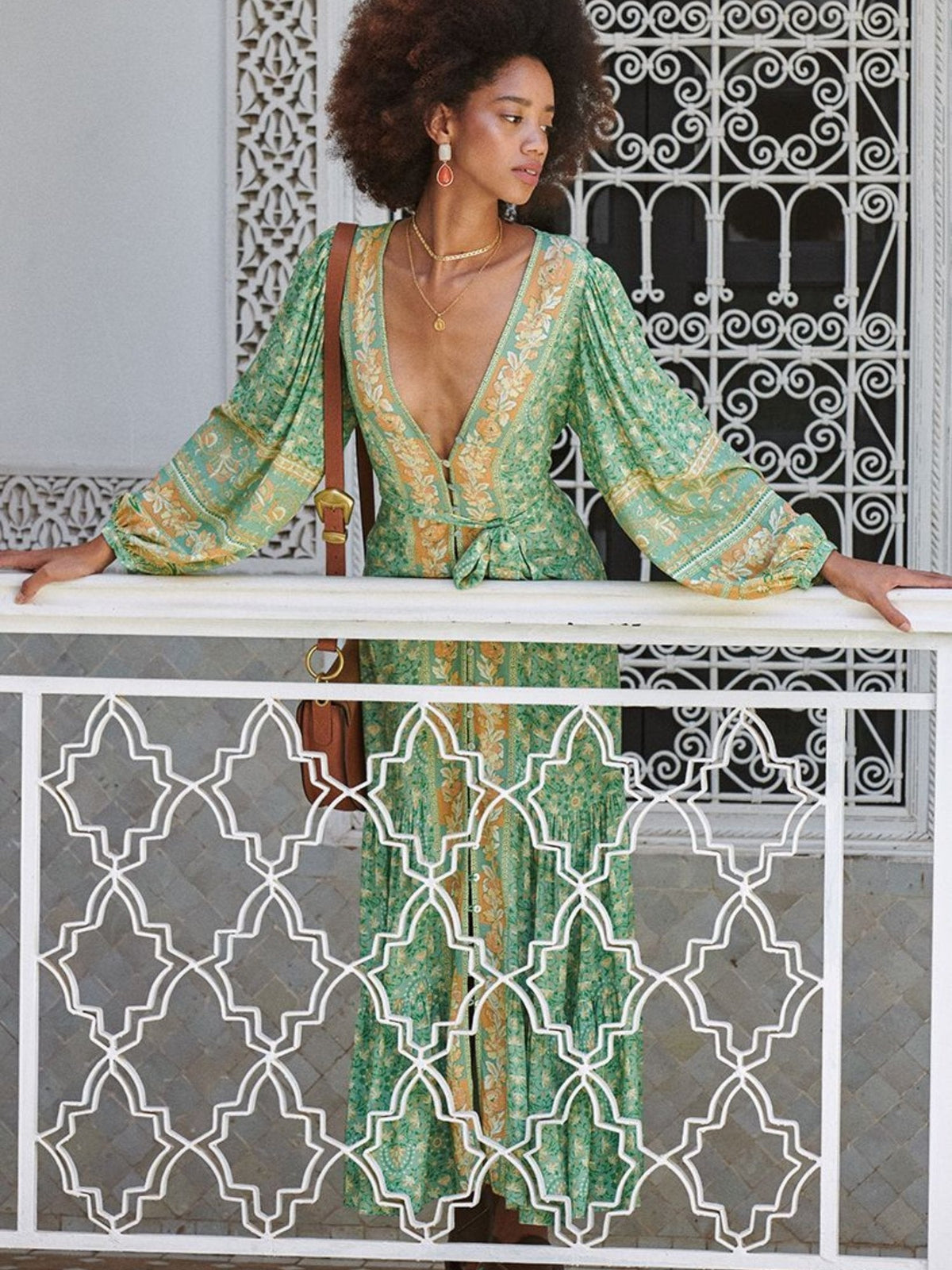 Puff Long Sleeve V-neck Drapped Midi Dress Green