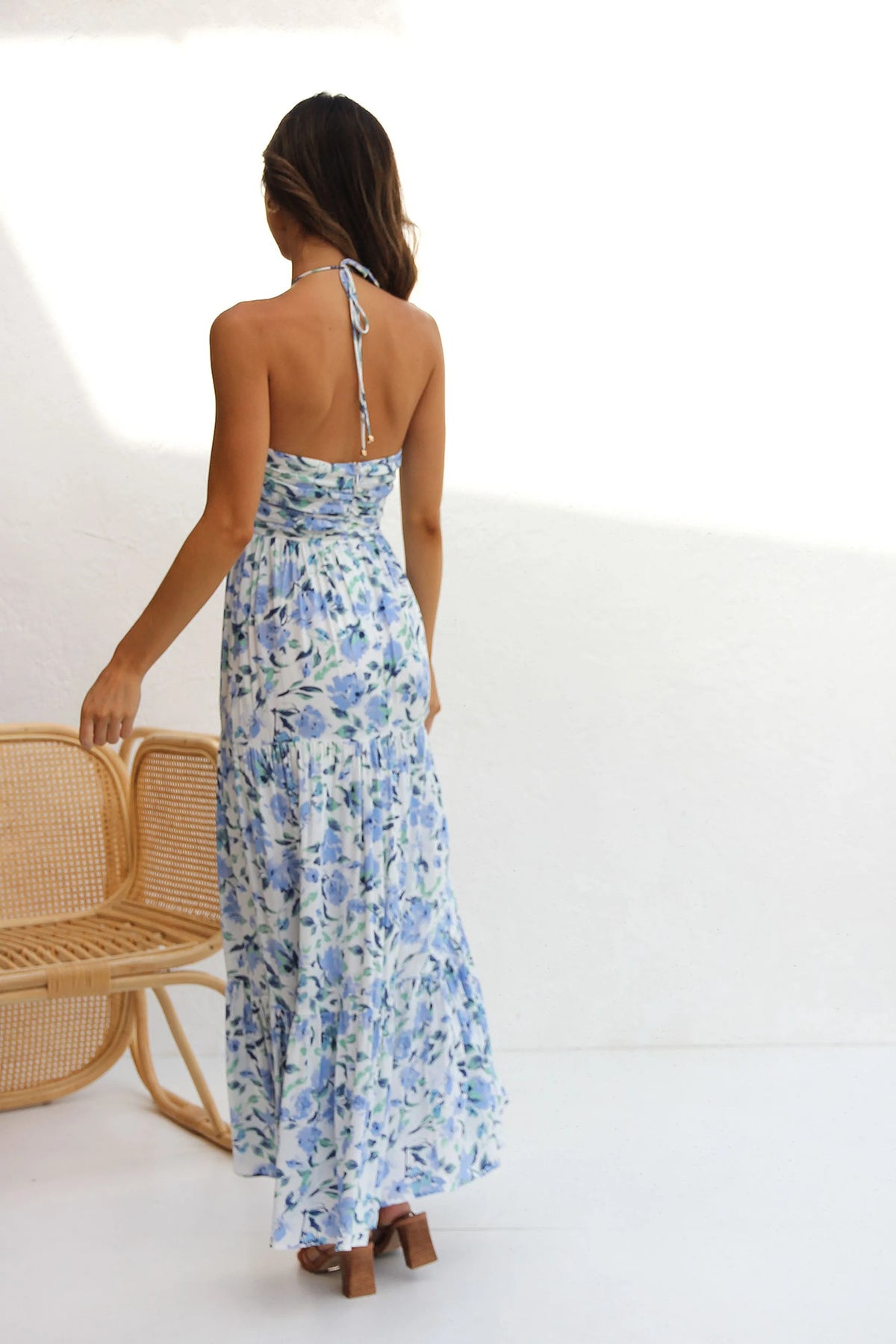 V-neck Backless Maxi Dress Blue